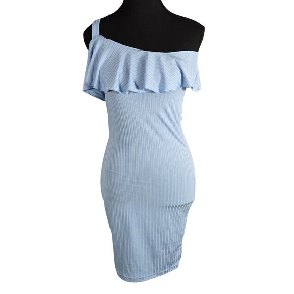 NWOT | Light Blue Ribbed Knit Ruffle One Shoulder Bodycon Dress Teen Junior | Si - Picture 1 of 5